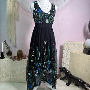 INC Black Embroidered Floral Mesh Midi Dress